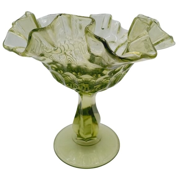 Vintage Fenton Glass Candy Dish Pedestal Green Thumbprint Ruffle Rim Compote 6" - Picture 9 of 15
